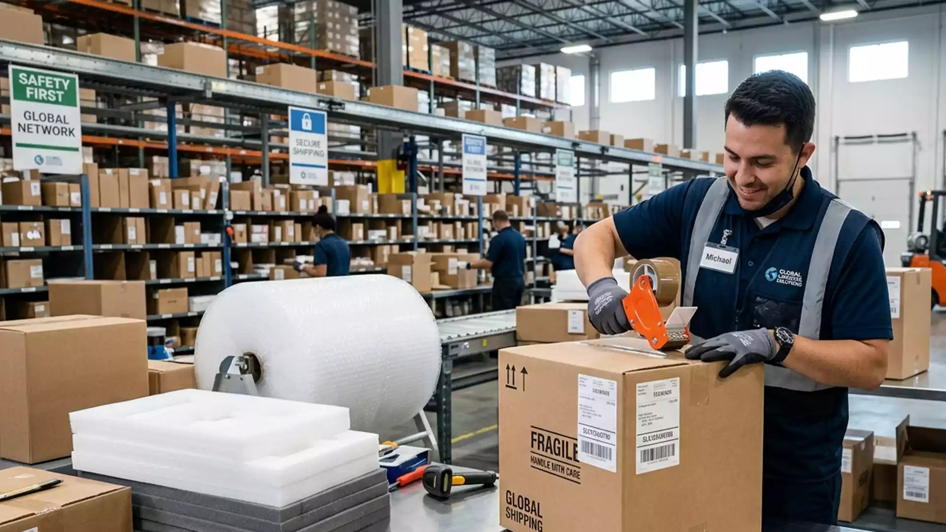 A logistics professional ensuring Secure Package Delivery by carefully sealing a heavy-duty box for international transit.