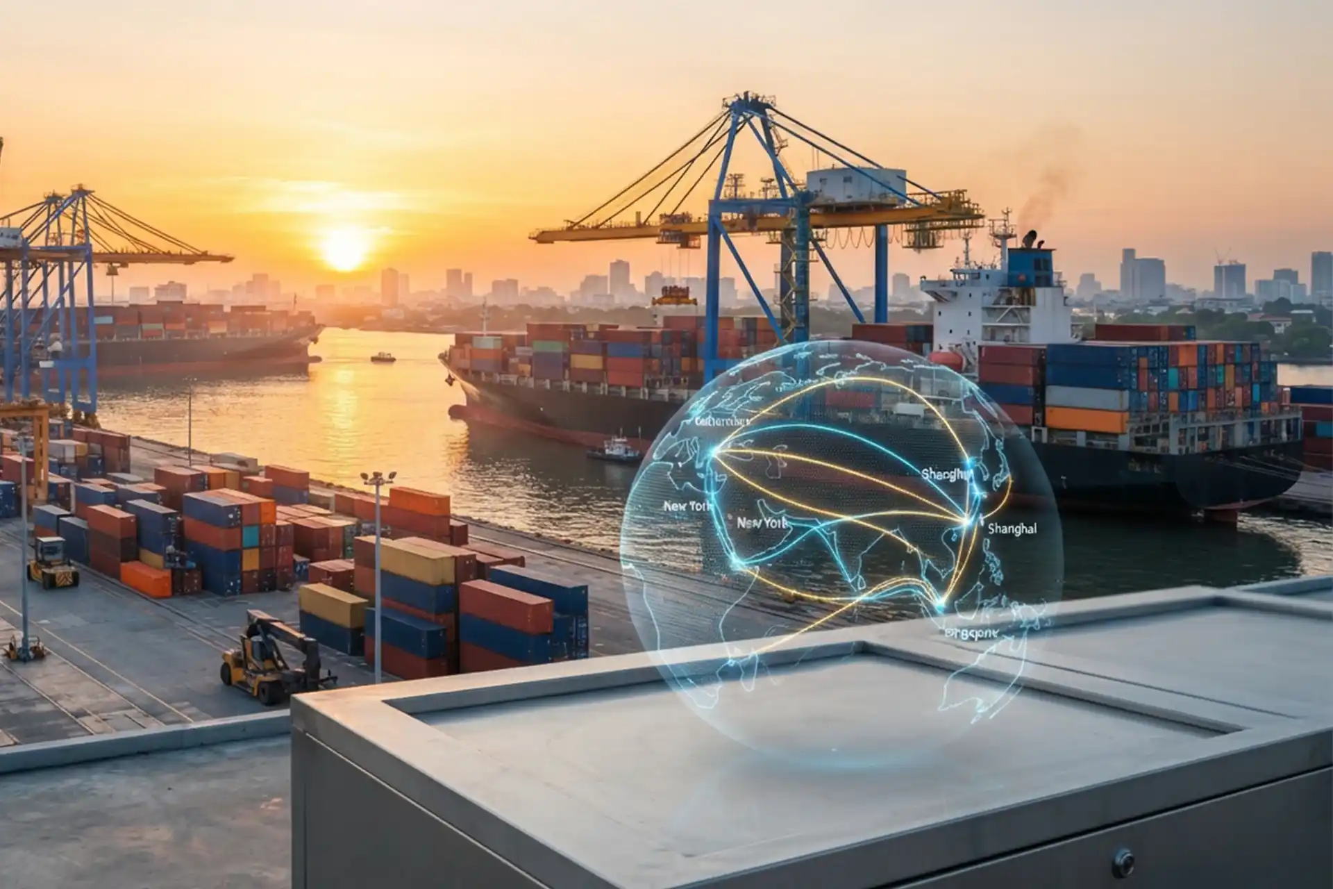 A bustling international shipping port highlighting modern Global Freight and Supply Chain Solutions with interconnected trade routes