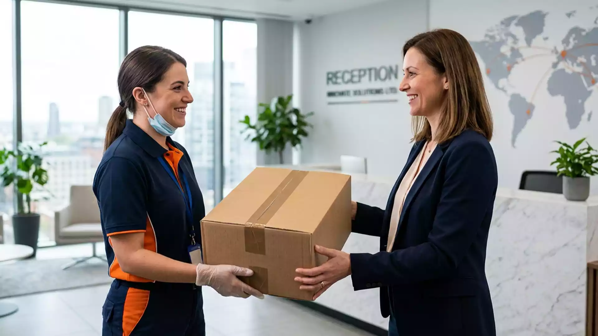 A courier securely delivering a properly packaged box to a business owner, highlighting essential Secure Parcel Delivery Guidelines.