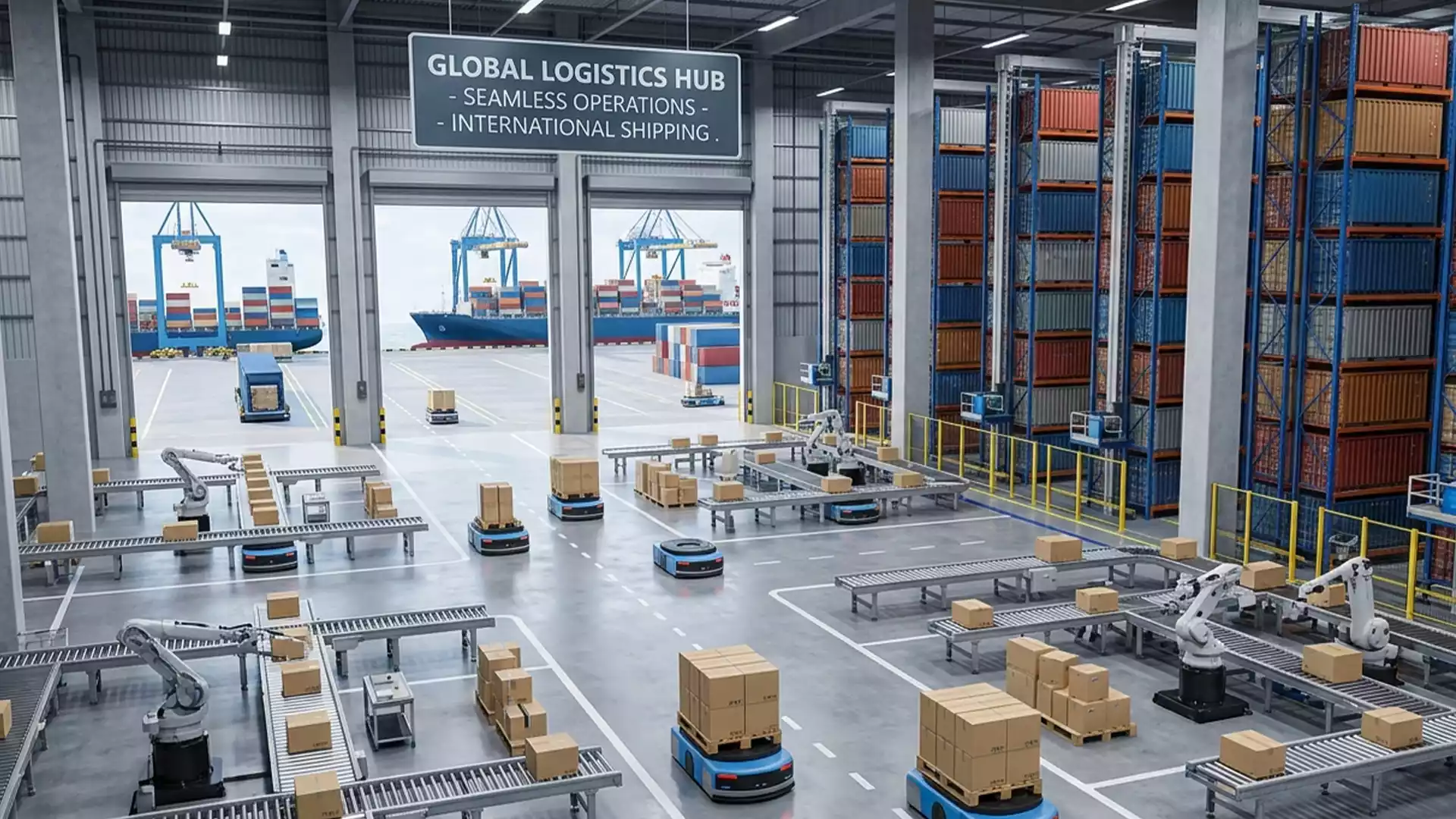 An automated global logistics hub performing seamless Warehouse Logistics Operations for international shipping.