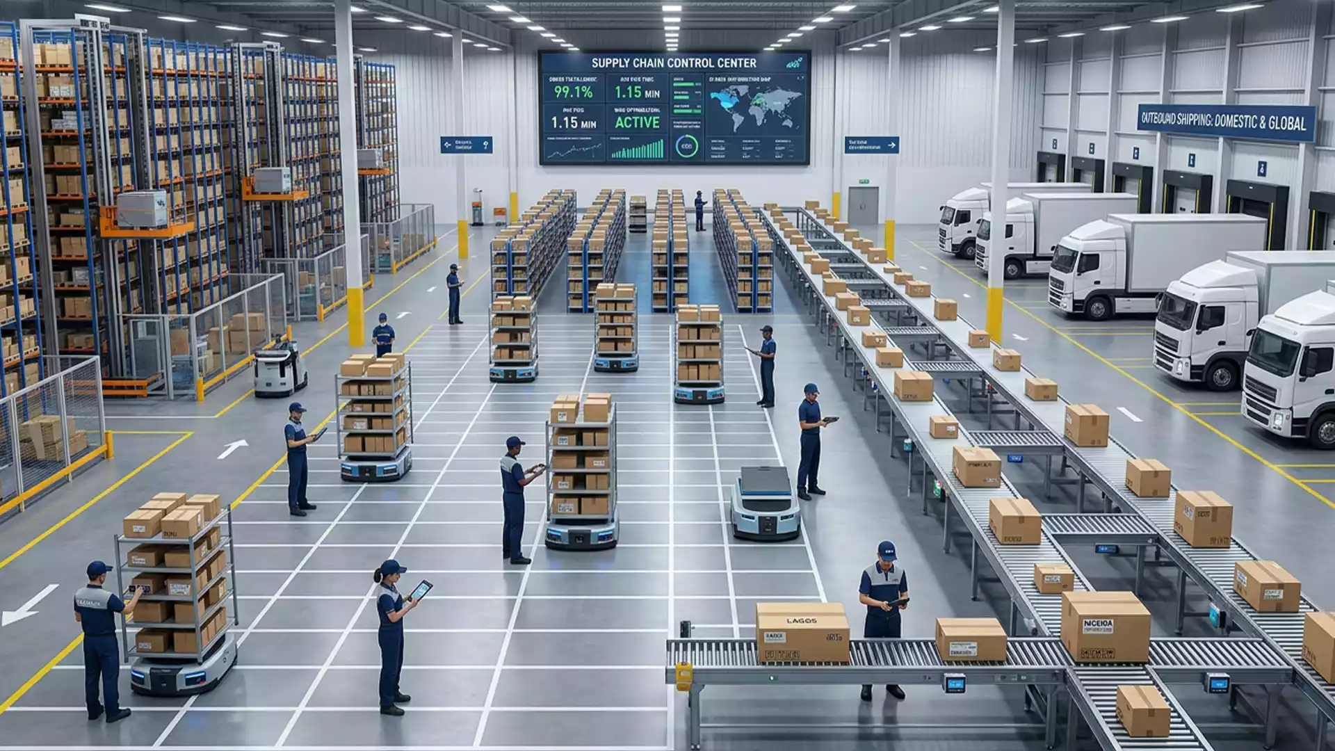 An organized modern fulfillment center utilizing advanced Warehouse Supply Chain Systems for optimized distribution.