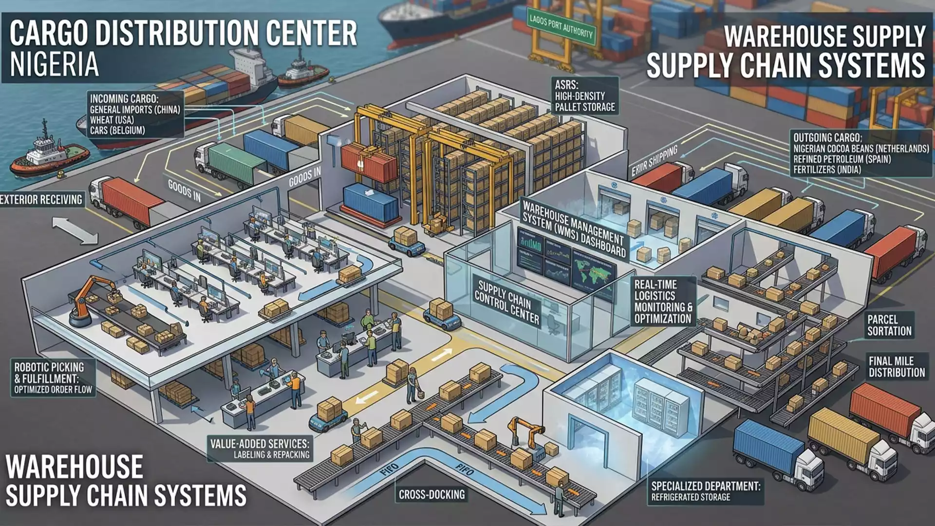 Warehouse Supply Chain Systems in a modern cargo distribution center