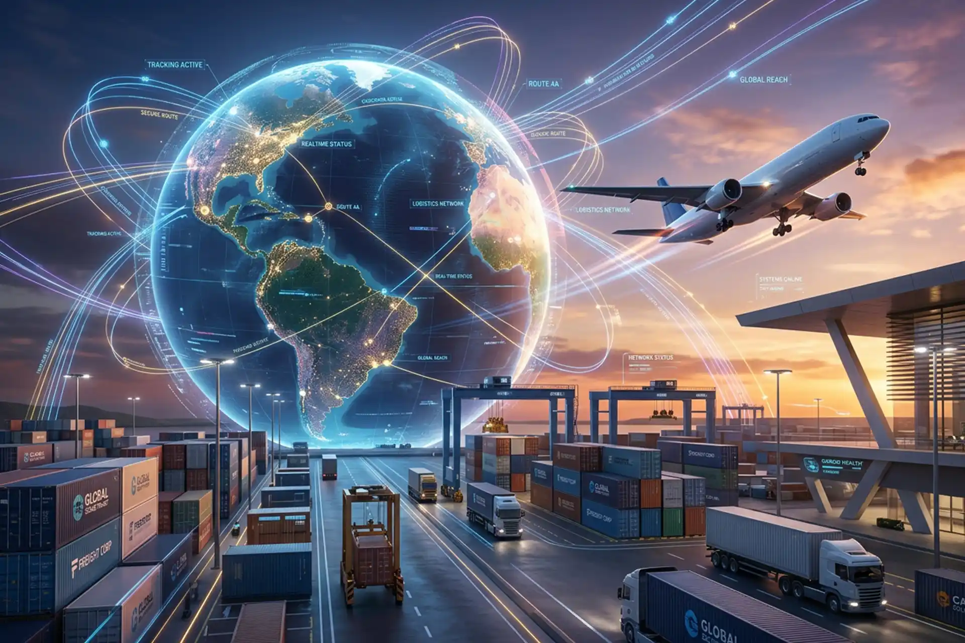 A detailed visualization of worldwide shipping flow showing cargo transport and digital supply chains.