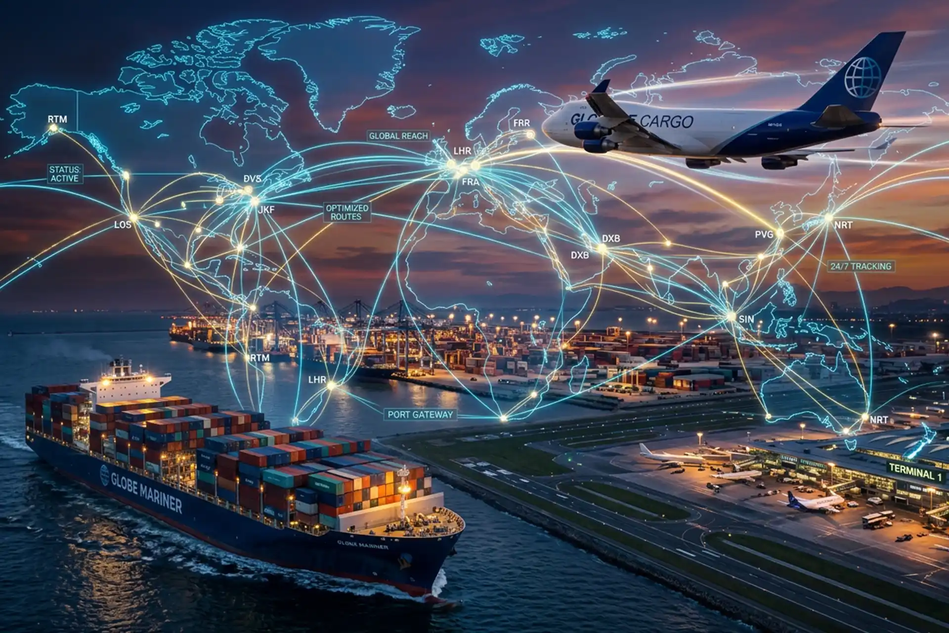 A dynamic visualization of global cargo flow highlighting secure international shipping logistics and global trade connectivity.