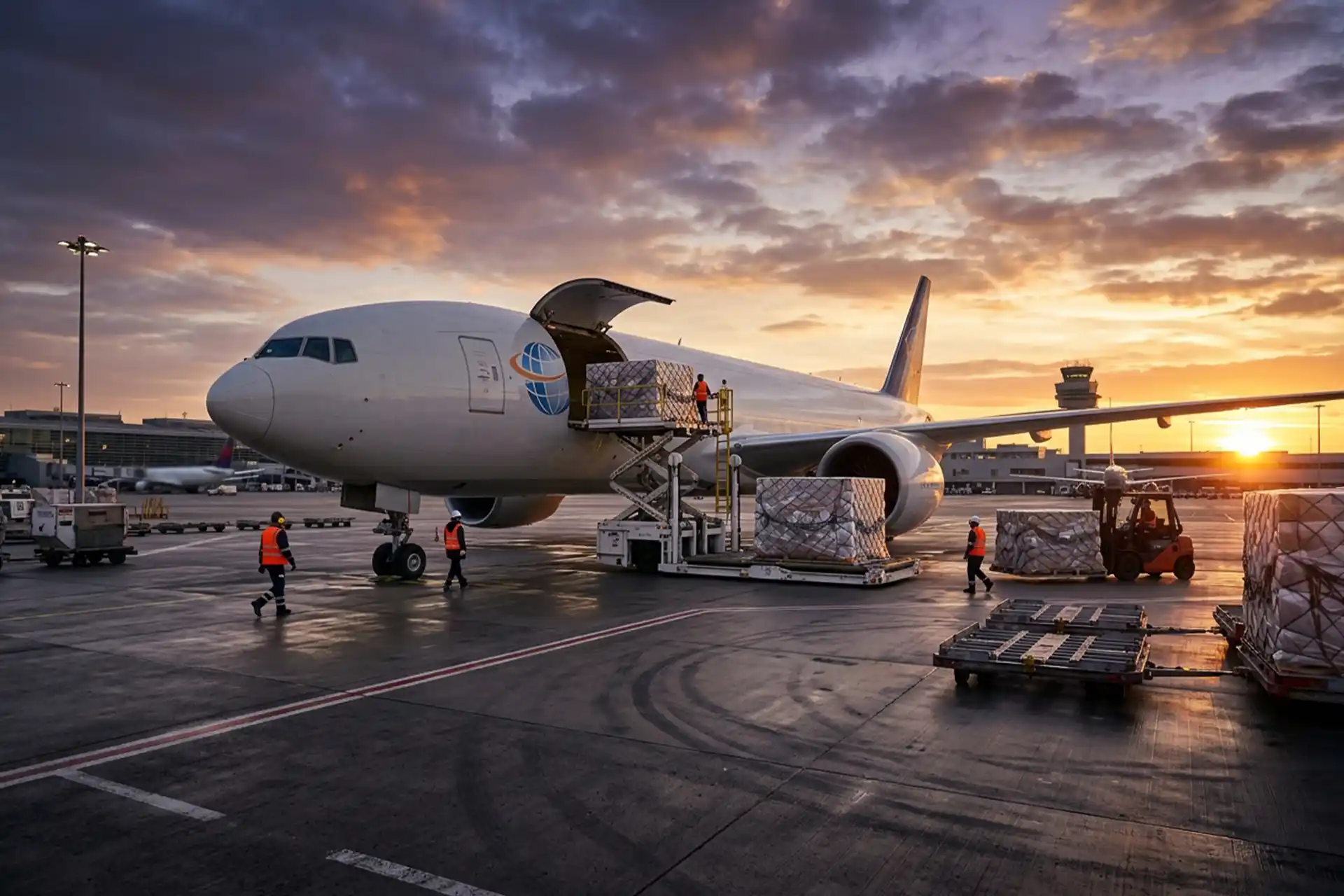 A modern cargo airplane loading parcels for Secure France Shipping against a vibrant sunrise.