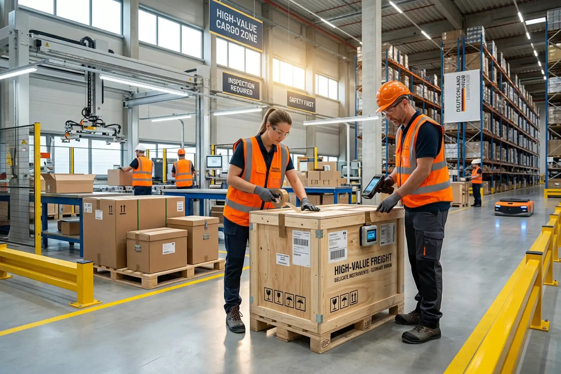 A modern logistics team handling packages to guarantee secure cargo delivery for international clients