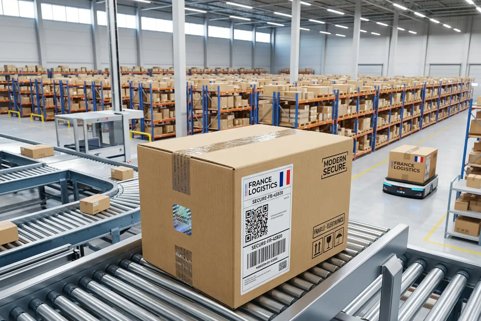 A securely wrapped package ready for Secure France Shipping in a modern warehouse.