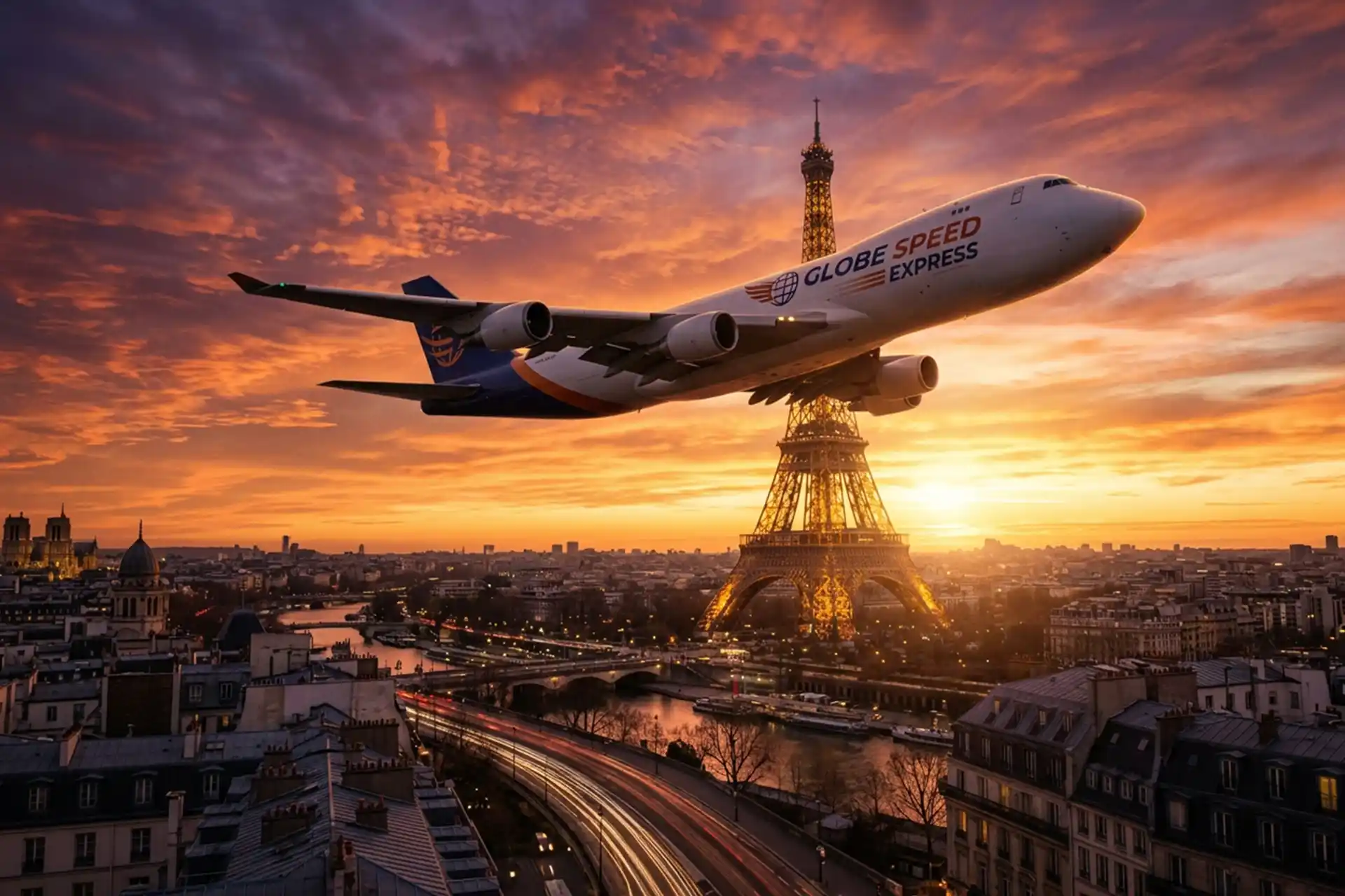 Fast and reliable delivery to France via a cargo plane flying over Paris at sunset.