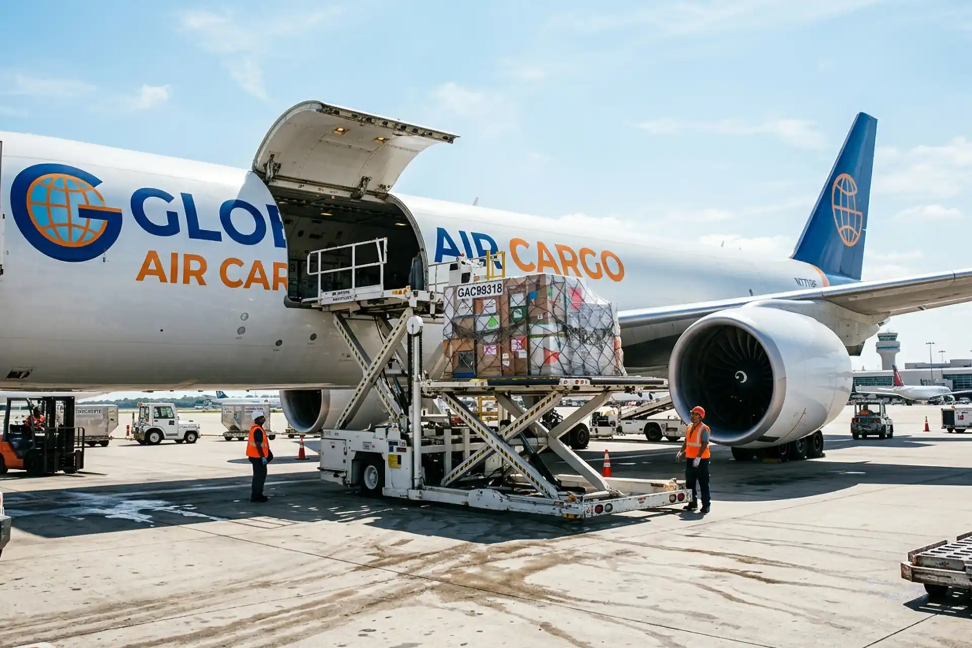 Safe freight transport of commercial cargo boxes being securely loaded onto an international plane for fast delivery to Germany.