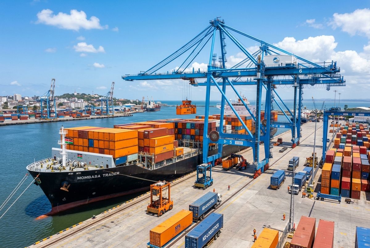 Modern commercial cargo containers being unloaded at a Kenyan port for express shipping.