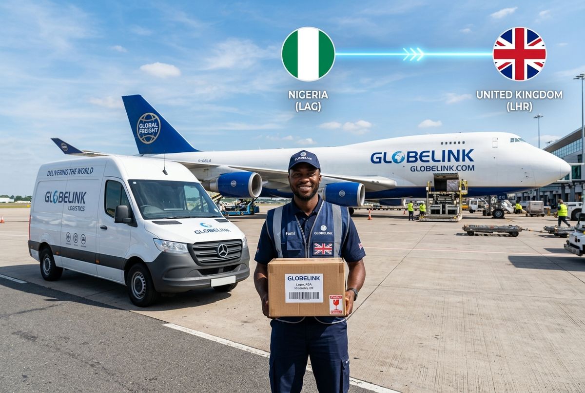 Logistics professional preparing to ship Nigeria to UK via air freight courier service.
