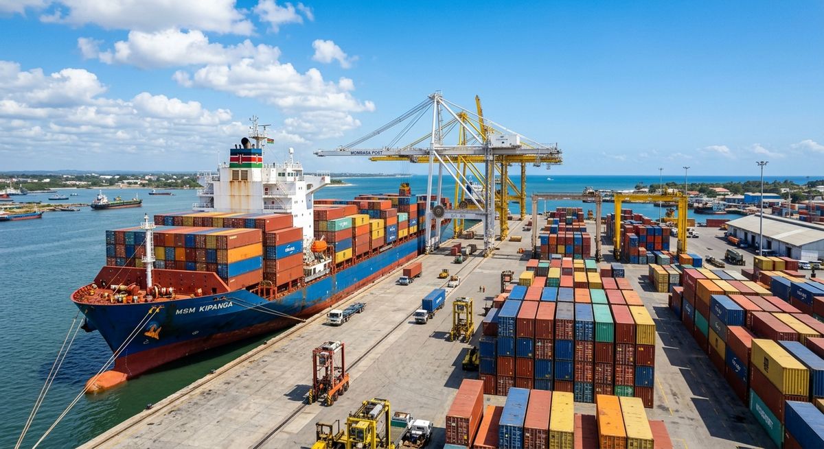 Commercial shipping cargo containers being loaded for export cargo to Kenya logistics.