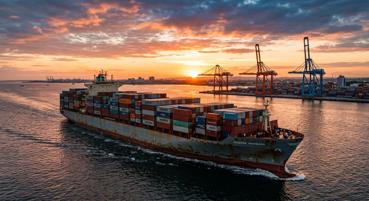A large cargo ship arriving at the port to export goods to Kenya efficiently.