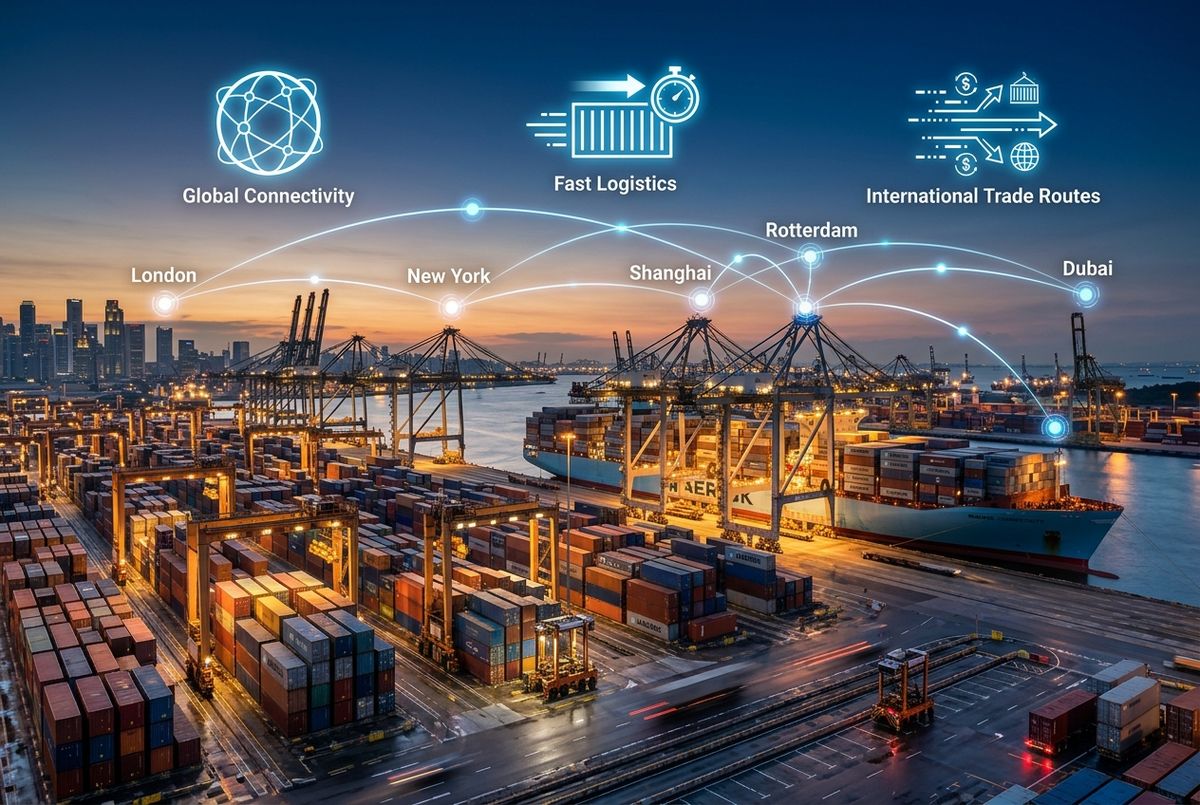 Commercial cargo shipping containers being organized for export to Kenya