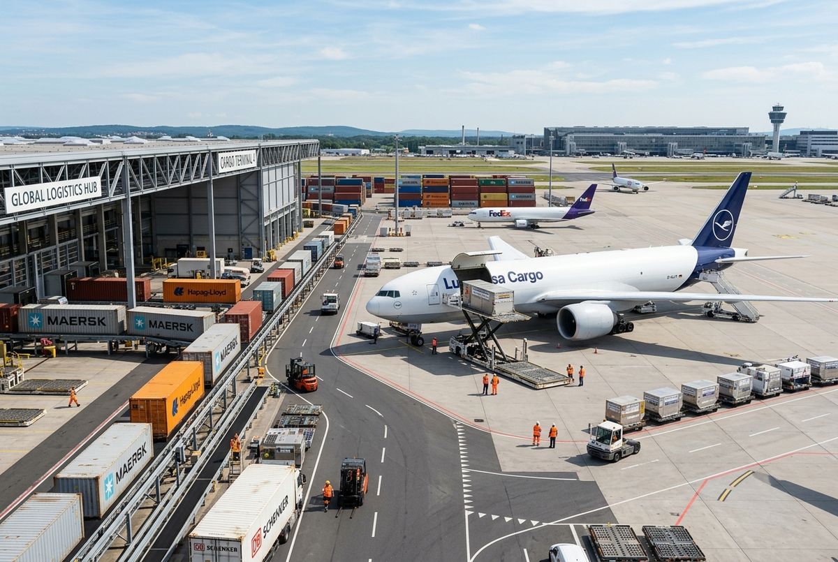 Commercial cargo being loaded for export to Kenya at a busy international logistics warehouse.