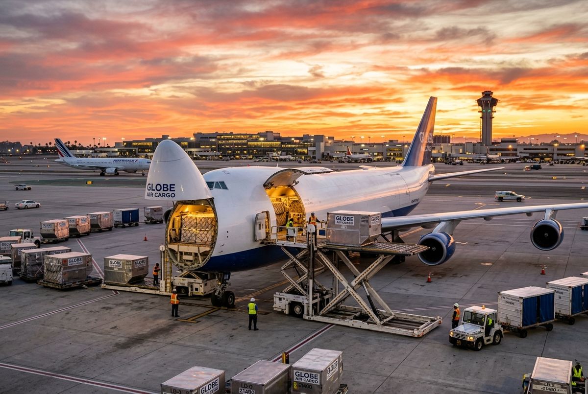 Commercial cargo being loaded onto a shipping plane for fast export to Kenya.