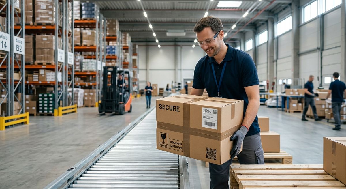 Professional logistics team handling a securely packed international shipping box in a warehouse.