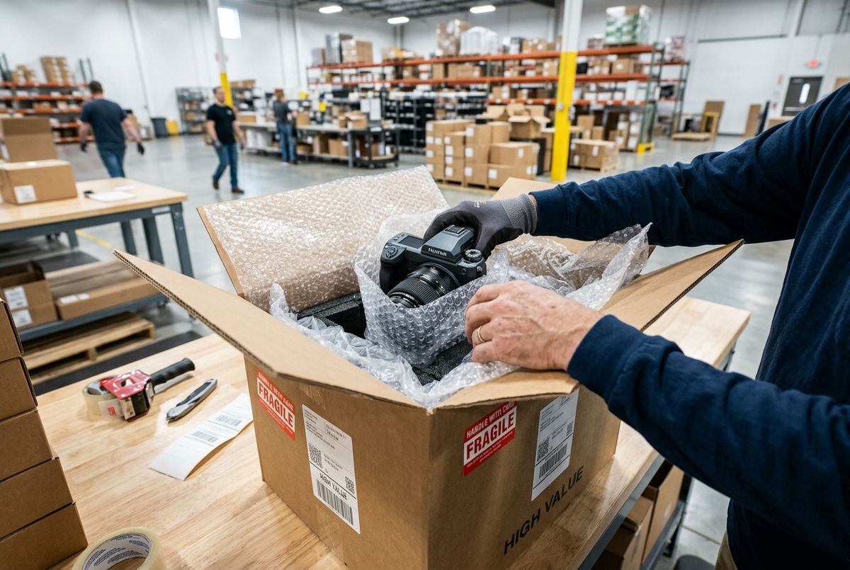 Professional logistics worker securely packing a fragile international shipment for safe global delivery.