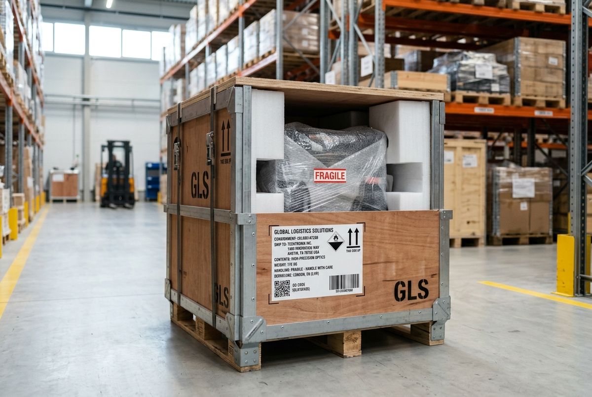 Secure professional packaging for global shipping in a warehouse setting