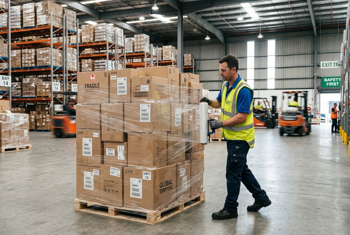Professional warehouse worker wrapping packages for safe international shipping and secure transit.