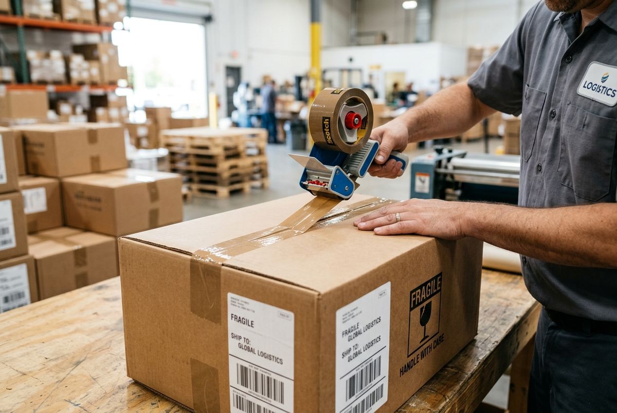 Secure packing materials being used to ensure global package protection practices for international shipments.