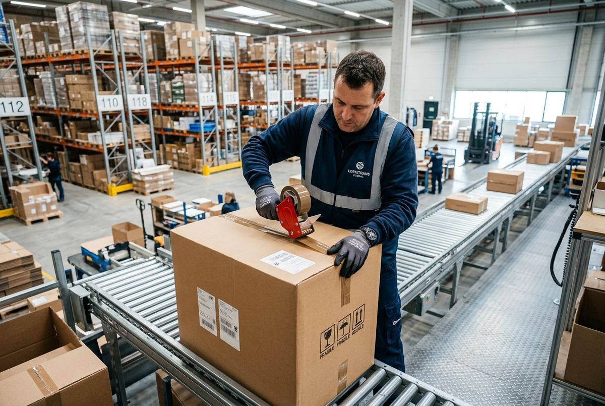 Warehouse worker implementing global package protection practices by securing a shipping box.
