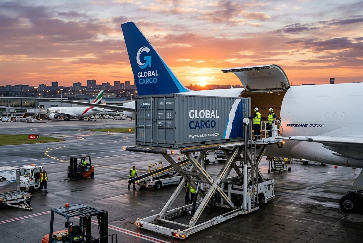 Commercial cargo being loaded onto an airplane for professional international shipping services to Kenya.